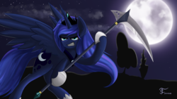 Size: 3840x2160 | Tagged: safe, artist:thunder chaser, princess luna, g4, angry, female, gritted teeth, high res, moon, scythe, solo, weapon