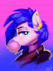 Size: 1280x1707 | Tagged: safe, artist:burgerkiss, oc, oc only, oc:sapphire sights, bubble, bubblegum, bust, clothes, ear piercing, error, eyeshadow, food, gauges, glitch, gum, hoodie, lidded eyes, looking at you, makeup, piercing, solo