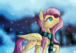 Size: 5787x4092 | Tagged: safe, artist:simonk0, fluttershy, g4, absurd resolution, clothes, female, forest, looking up, profile, raised hoof, scarf, snow, solo, winter