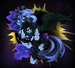 Size: 1580x1435 | Tagged: safe, artist:taiga-blackfield, nightmare moon, g4, bat wings, crown, crying, eclipse, female, hybrid wings, jewelry, regalia, solar eclipse, solo, stars