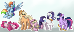 Size: 6065x2620 | Tagged: dead source, safe, artist:mississippikite, applejack, fluttershy, pinkie pie, rainbow dash, rarity, twilight sparkle, alicorn, pony, g4, 2016, bow, flower, flower in hair, horn, horn ring, mane six, older, tail bow, twilight sparkle (alicorn)