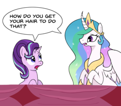 Size: 1147x1011 | Tagged: safe, artist:zharkaer, princess celestia, starlight glimmer, alicorn, pony, unicorn, g4, no second prances, curved horn, dialogue, duo, horn, jewelry, regalia, simple background, sitting, speech bubble, transparent background