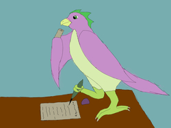 Size: 1600x1200 | Tagged: safe, artist:z-010, spike, bird, roc, g4, birdified, blue background, male, scroll, simple background, solo, species swap, writing