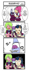 Size: 852x2048 | Tagged: safe, artist:doktor-d, indigo zap, lemon zest, sour sweet, sugarcoat, sunny flare, equestria girls, g4, 4koma, comic, english, glare, loose hair, pun, shadow five, the ring, translation