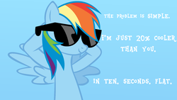 Size: 1600x900 | Tagged: safe, artist:lifetimebrony, rainbow dash, g4, 10 seconds flat, 20% cooler, female, meme, quote, simple background, solo, sunglasses, vector, wallpaper