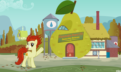 Size: 4200x2520 | Tagged: safe, artist:a4r91n, oc, oc only, oc:para focului, earth pony, pony, autumn, building, fan, flammable, food, house, misspelling, pear, pointing, solo, vector, water tower