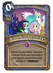 Size: 400x543 | Tagged: safe, screencap, applejack, fluttershy, princess celestia, princess luna, rainbow dash, pony, a canterlot wedding, g4, card, hearthstone, meta, warcraft