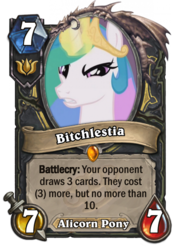 Size: 400x573 | Tagged: safe, edit, screencap, princess celestia, pony, g4, bitchlestia, card, female, hearthstone, mare, meta, solo, warcraft