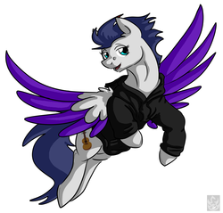 Size: 2115x2019 | Tagged: safe, artist:stormblaze-pegasus, oc, oc only, oc:switch, oc:switch storm, pegasus, pony, clothes, colored wings, colored wingtips, commission, flying, high res, hoodie, open mouth, solo