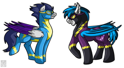 Size: 2776x1532 | Tagged: safe, artist:stormblaze-pegasus, oc, oc only, oc:switch, oc:switch storm, clothes, commission, costume, duo, goggles, shadowbolts, shadowbolts costume, simple background, white background, wonderbolts uniform
