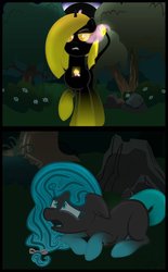 Size: 800x1290 | Tagged: safe, artist:binkyt11, artist:boneswolbach, artist:shachza, oc, oc only, oc:darwina northcutt, oc:dulagria, earth pony, original species, pony, unicorn, 2 panel comic, angry, bow, closed species, comic, crying, food, hair bow, horn, lemon, medibang paint, multiple horns, new moon, night, possessed, this will end in death