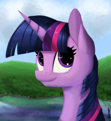 Size: 1215x1319 | Tagged: safe, artist:shikogo, twilight sparkle, g4, bust, cute, female, forest, lake, looking up, portrait, smiling, solo