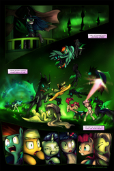 Size: 1280x1920 | Tagged: safe, artist:zoarvek, applejack, fluttershy, pinkie pie, queen chrysalis, rainbow dash, rarity, twilight sparkle, changeling, changeling queen, earth pony, pegasus, pony, unicorn, comic:the conquering of love, fanfic:the conquering of love, a canterlot wedding, g4, canterlot, comic, eyes closed, fanfic, fanfic art, female, fight, horn, implied anal, implied horn impalement, implied horn penetration, implied injury, implied penetration, implied sex, magic, mane six, mare, party cannon, swirly eyes, tongue out, uppercut, wide eyes, x eyes