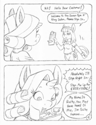 Size: 849x1100 | Tagged: safe, artist:circe, artist:steve budzinski, blue nile, rarity, anthro, comic:soreloser, g4, black and white, comic, grayscale, monochrome, traditional art