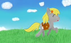 Size: 1000x600 | Tagged: safe, artist:lsimo, derpy hooves, pegasus, pony, g4, female, grass, happy, mare, solo, trotting