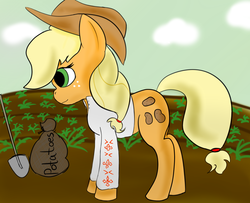 Size: 1331x1080 | Tagged: safe, artist:lsimo, applejack, earth pony, pony, g4, alternate cutie mark, alternate universe, clothes, farming, female, food, potato, shirt, solo