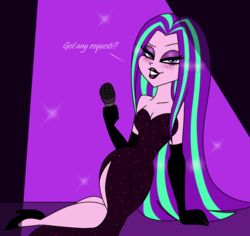 Size: 1252x1180 | Tagged: safe, artist:purfectprincessgirl, aria blaze, equestria girls, g4, classy, clothes, dialogue, dress, evening gloves, female, gloves, high heels, lips, lipstick, makeup, microphone, solo, spotlight, stage