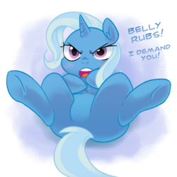 Size: 945x945 | Tagged: safe, artist:adequality, artist:glacierclear, color edit, edit, trixie, pony, unicorn, g4, blushing, colored, featureless crotch, female, imminent belly rub, looking at you, solo, underhoof