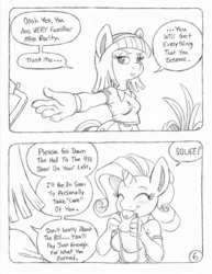 Size: 849x1100 | Tagged: safe, artist:circe, artist:steve budzinski, blue nile, rarity, anthro, comic:soreloser, g4, black and white, comic, grayscale, monochrome, traditional art