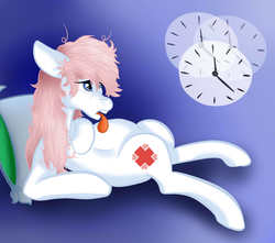 Size: 2600x2300 | Tagged: safe, artist:limeovertime, nurse redheart, pony, g4, clock, female, high res, on back, pregnant, solo, tongue out