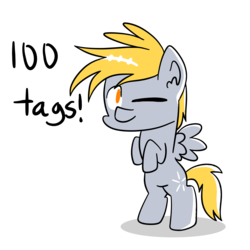 Size: 2000x2000 | Tagged: safe, artist:saveraedae, crackle pop, pegasus, pony, derpibooru, g4, the cart before the ponies, bipedal, celebration, chibi, colt, cute, disproportional anatomy, ear fluff, high res, male, meta, milestone, one eye closed, rearing, shading, simple background, solo, tags, text, transparent background