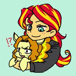 Size: 1000x1000 | Tagged: safe, artist:raika0306, adagio dazzle, sunset shimmer, pony, equestria girls, g4, rainbow rocks, adoragio, blushing, cute, duo, equestria girls ponified, exclamation point, female, green background, holding a pony, hug, interrobang, lesbian, ponified, question mark, ship:sunsagio, shipping, simple background, species swap, sweat
