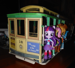 Size: 3456x3120 | Tagged: safe, artist:pmbsakura37, applejack, fluttershy, rainbow dash, twilight sparkle, equestria girls, g4, cable car, card model, clothes, doll, equestria girls minis, eqventures of the minis, female, high res, irl, photo, skirt, toy, tram