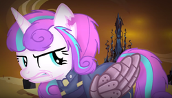 Size: 747x427 | Tagged: safe, artist:rainbow3838838, princess flurry heart, alicorn, pony, g4, alternate timeline, amputee, angry, augmented, crystal empire, crystal war timeline, female, fury heart, older, older flurry heart, prosthetic limb, prosthetic wing, prosthetics, solo, torn ear, warrior flurry heart