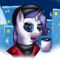 Size: 1280x1280 | Tagged: safe, artist:frecklesfanatic, rarity, g4, chocolate, christmas, female, food, hat, hot chocolate, marshmallow, snow, solo, winter