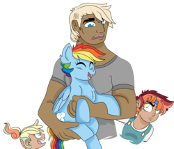 Size: 1355x1159 | Tagged: safe, artist:dbkit, dumbbell, rainbow dash, oc, oc:cherry bomber, oc:kite runner, human, pony, g4, dumbdash, holding a pony, human and pony, humanized, humanized oc, male, offspring, parent:dumbbell, parent:rainbow dash, parents:dumbdash, shipping, simple background, straight, transparent background, tumblr