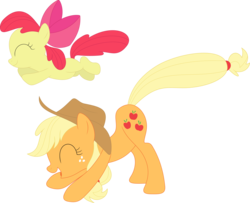 Size: 3549x2878 | Tagged: safe, artist:porygon2z, apple bloom, applejack, g4, adorabloom, cute, hat, high res, jackabetes, leapfrog, ribbon, simple background, transparent background, vector