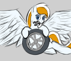 Size: 1400x1200 | Tagged: safe, artist:frecklesfanatic, oc, oc only, unnamed oc, pegasus, pony, bedroom eyes, solo, spread wings, tire, wrench