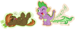 Size: 1280x501 | Tagged: safe, artist:serenamidori, button mash, spike, dragon, earth pony, pony, g4, colt, eyes closed, fart, fart joke, fart noise, fire, fire fart, laughing, male, on back, one eye closed, onomatopoeia, simple background, sound effects, transparent background