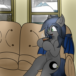 Size: 1500x1500 | Tagged: safe, artist:eclipsepenumbra, oc, oc only, oc:eclipse penumbra, bat pony, pony, bat wings, chocolate, couch, cute, cutie mark, drink, fangs, food, happy, hot chocolate, sitting, smiling, snow, solo, winter