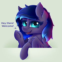 Size: 1000x1000 | Tagged: safe, artist:midnightsix3, oc, oc only, oc:nyreen eventide, pegasus, pony, dialogue, ear fluff, eyelashes, fangs, fluffy, leaning, lidded eyes, looking at you, open mouth, simple background, smiling, solo, underhoof, waving, white background, wing fluff