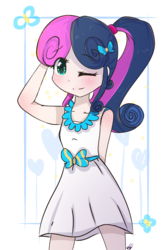 Size: 666x1000 | Tagged: safe, artist:windymils, bon bon, sweetie drops, equestria girls, g4, clothes, cute, dress, female, looking at you, one eye closed, ponytail, smiling, solo, wink