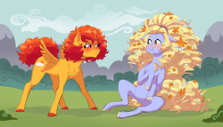 Size: 1750x1000 | Tagged: safe, artist:pikokko, oc, oc only, oc:stephanie, oc:sunset sky, earth pony, pegasus, pony, blushing, chest fluff, cute, flower, flower in hair, fluffy, offspring, parent:cheese sandwich, parent:rainbow dash, parent:sapphire shores, parent:steven magnet, parents:cheesedash, puffy cheeks, rivalry, scrunchy face, the dark knight rises