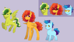 Size: 3500x2000 | Tagged: safe, artist:pikokko, oc, oc only, oc:puffy cloud, oc:storm blast, oc:sunset sky, earth pony, pegasus, pony, glasses, high res, offspring, parent:cheese sandwich, parent:rainbow dash, parents:cheesedash, reference sheet, sisters, sunglasses