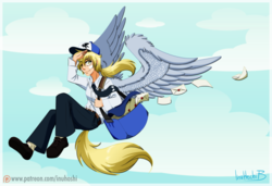 Size: 1024x699 | Tagged: safe, artist:inuhoshi-to-darkpen, derpy hooves, human, g4, clothes, female, flying, humanized, mail, mailbag, one eye closed, salute, solo, tailed humanization, winged humanization