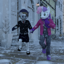 Size: 1500x1500 | Tagged: safe, artist:tahublade7, silver spoon, sweetie belle, anthro, plantigrade anthro, g4, 3d, clothes, coat, daz studio, female, gloves, hat, leggings, lesbian, mary janes, overalls, scarf, ship:silverbelle, shipping, shoes, sneakers, snow, sweater, tights, winter, winter wonderland