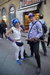 Size: 1024x1542 | Tagged: safe, dj pon-3, starlight glimmer, vinyl scratch, human, g4, clothes, cosplay, costume, irl, irl human, photo, s5 starlight, shoes, sneakers, staff, staff of sameness
