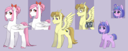Size: 4500x1808 | Tagged: safe, artist:pikokko, oc, oc only, oc:everfree, oc:sound wave, oc:sunshine, brother and sister, creepy, cute, offspring, parent:bulk biceps, parent:fluttershy, parents:flutterbulk, reference sheet, sisters, stare