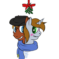 Size: 1280x1280 | Tagged: safe, artist:frecklesfanatic, oc, oc only, oc:calamity, oc:littlepip, pegasus, pony, unicorn, fallout equestria, blushing, christmas, clothes, dashite, fanfic, fanfic art, female, freckles, hat, heart, heart eyes, hetero littlepip, horn, looking at each other, male, mare, mistletoe, piplamity, scarf, shared clothing, shared scarf, shipping, simple background, smiling, stallion, straight, teeth, white background, wingding eyes, winter