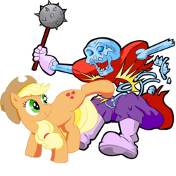 Size: 2000x2000 | Tagged: safe, artist:waffengrunt, applejack, g4, bone, dai no daibouken, dragon quest (game), fight, high res, kicking, mace, simple background, skeleton, transparent background, weapon