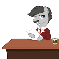 Size: 4000x4000 | Tagged: safe, artist:besttubahorse, artist:paintponi, oc, oc only, oc:tom anchorstallion, earth pony, pony, absurd resolution, clothes, coffee cup, cup, desk, facial hair, male, moustache, necktie, reporter, ron burgundy, simple background, solo, suit, transparent background, vector