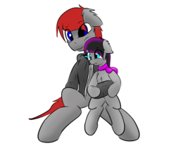 Size: 2479x2053 | Tagged: safe, artist:scarrly, oc, oc only, oc:fleet, oc:scarrly, earth pony, pony, clothes, cuddling, female, high res, scarf, simple background, size difference, snuggling, sweater, white background