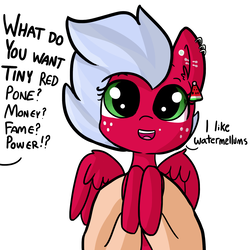 Size: 1584x1584 | Tagged: safe, artist:tjpones, oc, oc only, oc:melon frost, pegasus, pony, commission, cute, dialogue, holding a pony, offscreen character, simple background, solo, tiny ponies, what do you want, white background