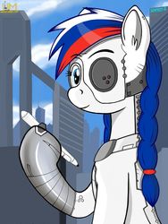 Size: 750x1000 | Tagged: safe, artist:negasun, oc, oc only, oc:marussia, cyborg, city, nation ponies, ponified, russia, solo
