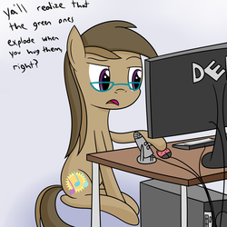 Size: 1600x1600 | Tagged: safe, artist:joey, oc, oc only, oc:dawnsong, earth pony, ladybug, pony, computer, female, frown, glasses, implied minecraft, mare, microphone, open mouth, raised eyebrow, sitting, solo