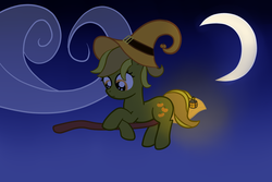 Size: 1200x800 | Tagged: safe, alternate version, artist:saria the frost mage, oc, oc only, oc:pumpkin patch, earth pony, pony, a foal's adventure, broom, cloud, crescent moon, cute, cyoa, female, filly, flying, flying broomstick, hat, lantern, moon, night, solo, witch, witch hat
